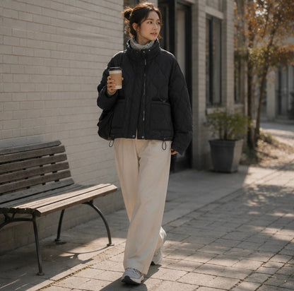 Women’s Quilted Drawstring Jacket – High Neck Cotton Padded Coat with Pockets for Casual Autumn Winter Layering Style