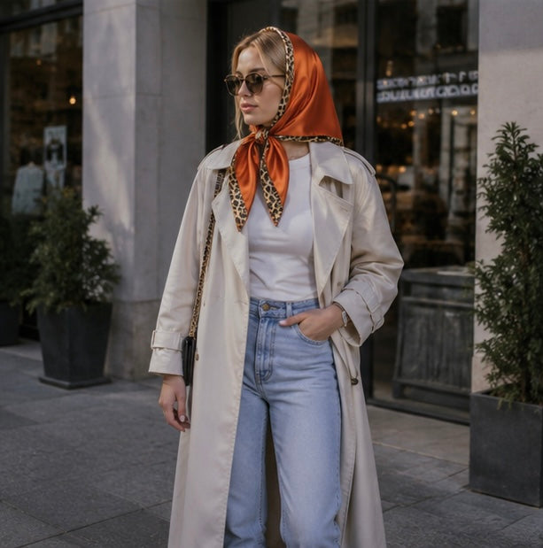 Double Sided Leopard Print Head Scarf – PU Leather Triangle Hijab for Women with Elegant Fashionable Everyday Styling