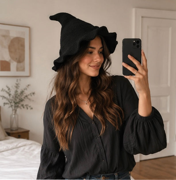Vintage Witch Hat Costume - Wool Knit Halloween Cosplay Hat for Masquerades, Parties and Festive Seasonal Styling