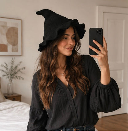 Vintage Witch Hat Costume - Wool Knit Halloween Cosplay Hat for Masquerades, Parties and Festive Seasonal Styling