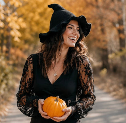 Vintage Witch Hat Costume - Wool Knit Halloween Cosplay Hat for Masquerades, Parties and Festive Seasonal Styling