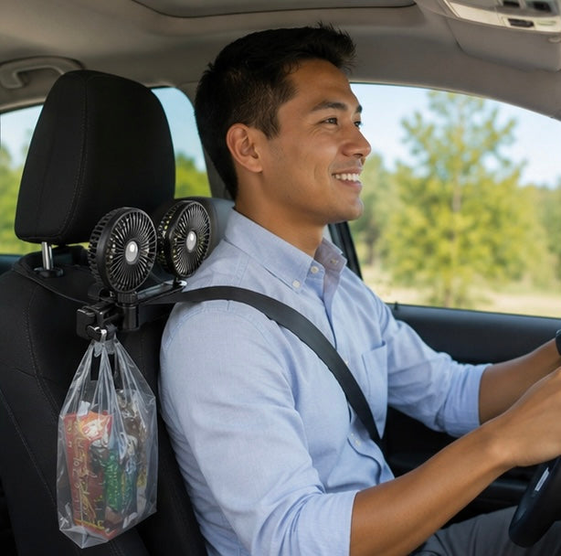 Dual Head Car Seat Fan - Adjustable Headrest Cooling Fan with 360 Degree Rotation and Quiet Airflow