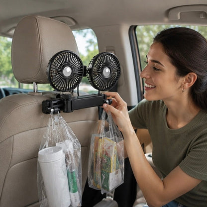 Dual Head Car Seat Fan - Adjustable Headrest Cooling Fan with 360 Degree Rotation and Quiet Airflow