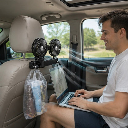 Dual Head Car Seat Fan - Adjustable Headrest Cooling Fan with 360 Degree Rotation and Quiet Airflow