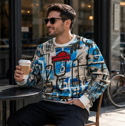 Men's Graphic Sweatshirt - Fashion Graffiti Crewneck Pullover for Casual Streetwear, Holidays and Everyday Style