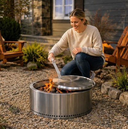 Ergonomic Fire Pit Lid Lifter Tool - Stainless Steel Hook Handle for Safe Fire Pit Cover Removal and Outdoor Cooking
