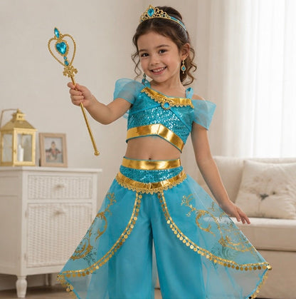 Kid's Arabian Princess Costume Dress - Jasmine Inspired Halloween Outfit for Girls with Sequins for Parties and Cosplay Events