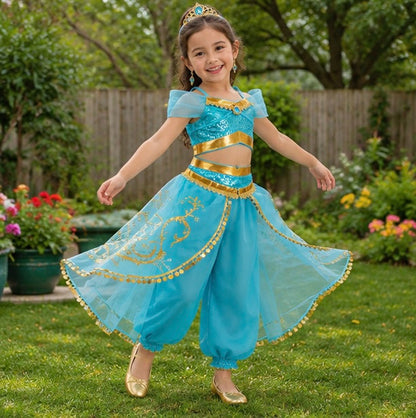 Kid's Arabian Princess Costume Dress - Jasmine Inspired Halloween Outfit for Girls with Sequins for Parties and Cosplay Events