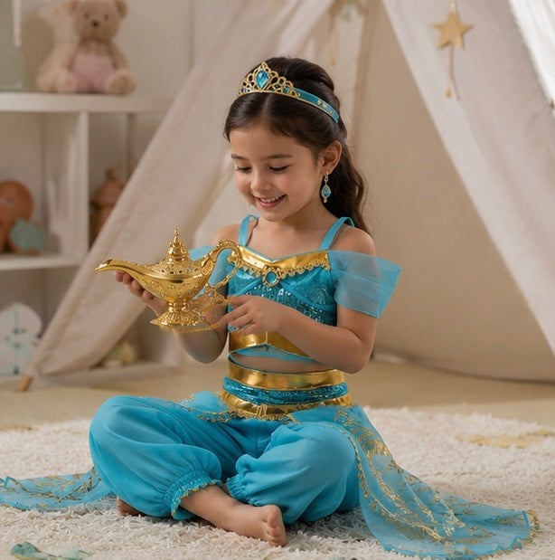 Kid's Arabian Princess Costume Dress - Jasmine Inspired Halloween Outfit for Girls with Sequins for Parties and Cosplay Events