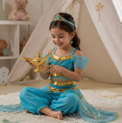 Kid's Arabian Princess Costume Dress - Jasmine Inspired Halloween Outfit for Girls with Sequins for Parties and Cosplay Events