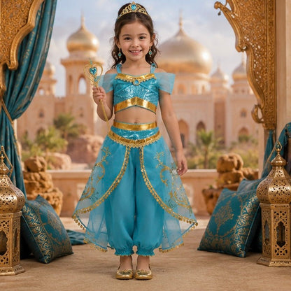 Kid's Arabian Princess Costume Dress - Jasmine Inspired Halloween Outfit for Girls with Sequins for Parties and Cosplay Events