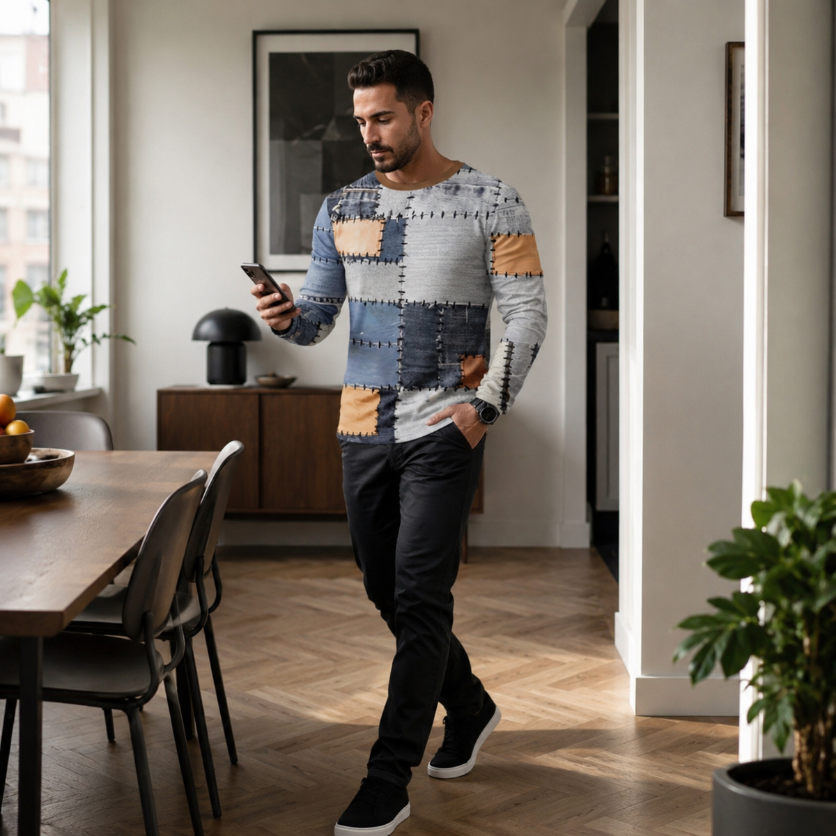 Men's Patchwork Denim Shirt - Vintage Inspired Long Sleeve Button Top with Stylish Grid Print Design