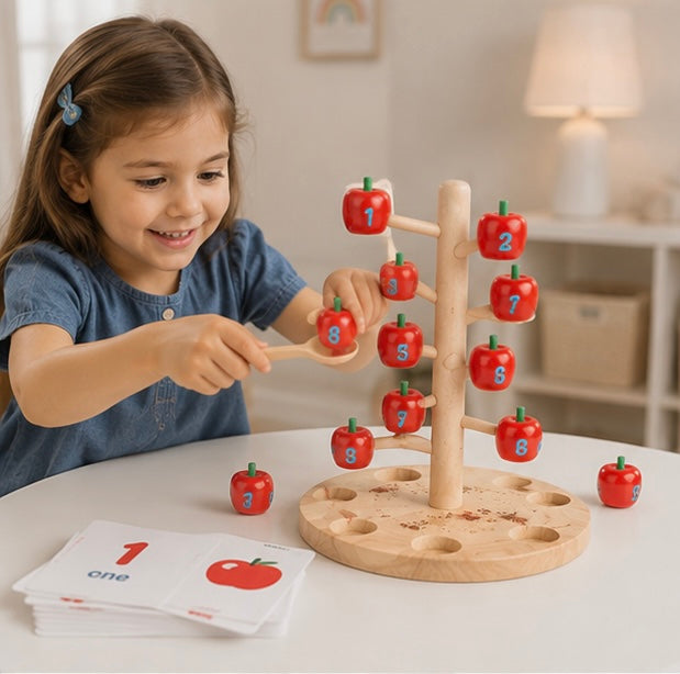 Montessori Apple Tree Counting Toy – Wooden Math Learning Game for Number Recognition and Early Education