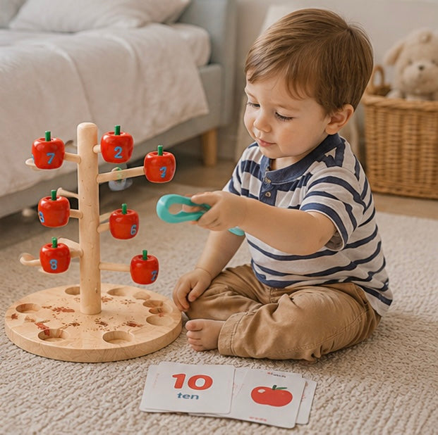 Montessori Apple Tree Counting Toy – Wooden Math Learning Game for Number Recognition and Early Education