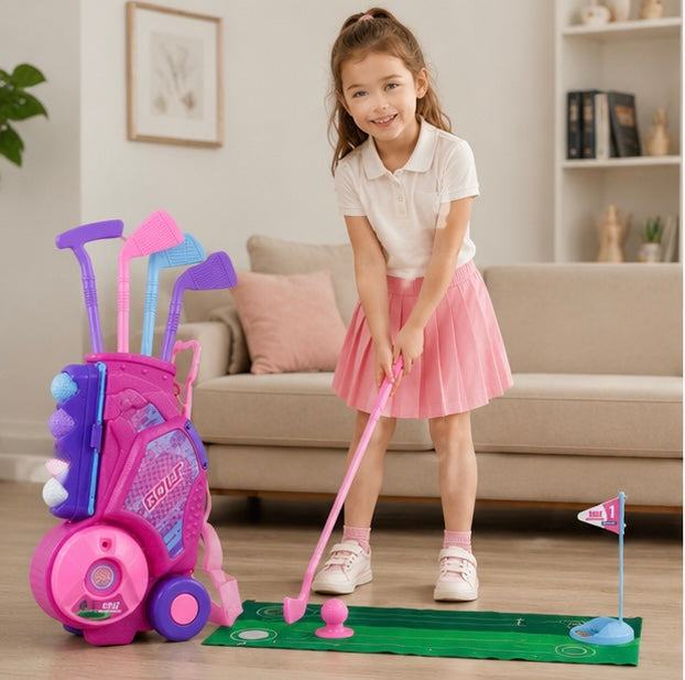 Portable Pink Golf Toy Set - Indoor Outdoor Sports Game with Golf Cart and Balls for Kids Active Play