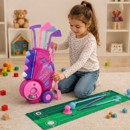 Portable Pink Golf Toy Set - Indoor Outdoor Sports Game with Golf Cart and Balls for Kids Active Play