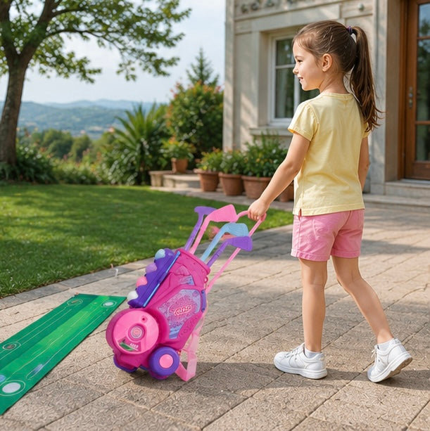 Portable Pink Golf Toy Set - Indoor Outdoor Sports Game with Golf Cart and Balls for Kids Active Play
