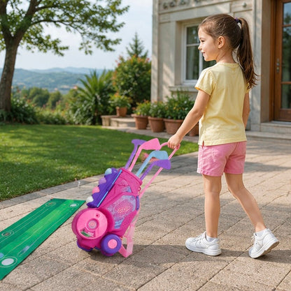 Portable Pink Golf Toy Set - Indoor Outdoor Sports Game with Golf Cart and Balls for Kids Active Play