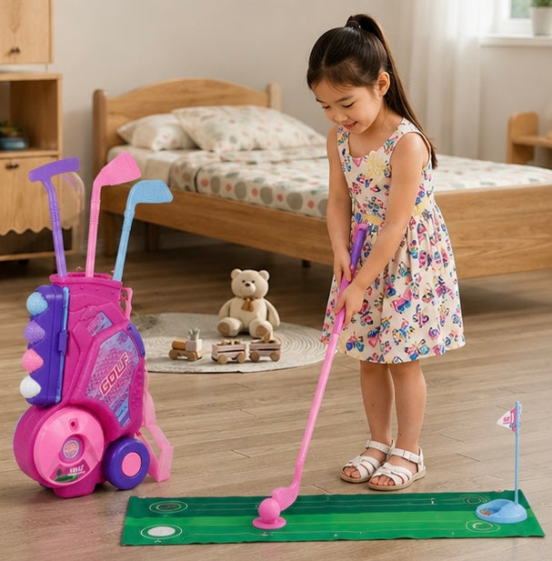 Portable Pink Golf Toy Set - Indoor Outdoor Sports Game with Golf Cart and Balls for Kids Active Play