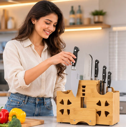 Solid Wood Kitchen Knife Holder Rack – Multifunctional Countertop Storage Organizer for Knives, Chopsticks, Utensils and Modern Kitchen Organization