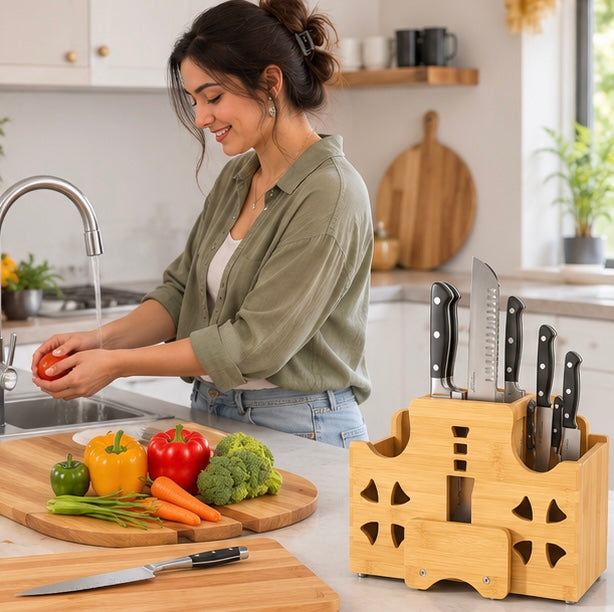 Solid Wood Kitchen Knife Holder Rack – Multifunctional Countertop Storage Organizer for Knives, Chopsticks, Utensils and Modern Kitchen Organization