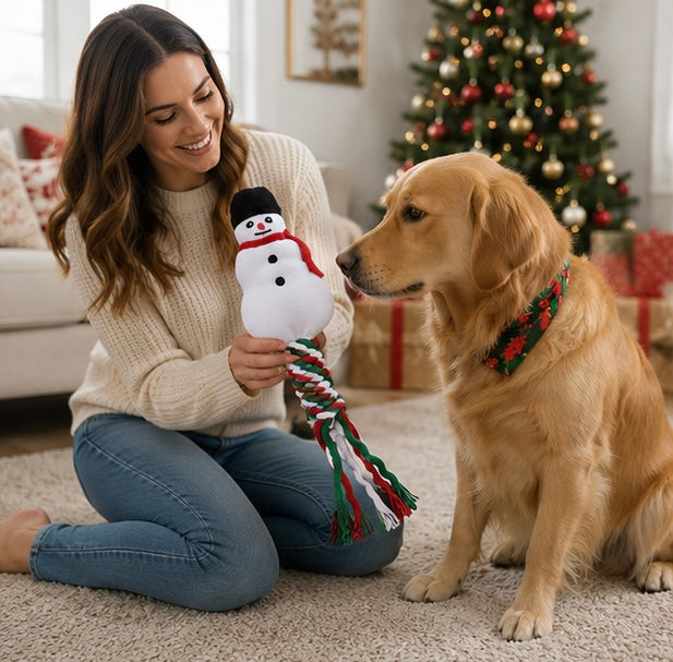 Christmas Dog Rope Toy – Snowman and Tree Squeaky Cotton Chew Toy for Puppies Dental Cleaning and Holiday Fun