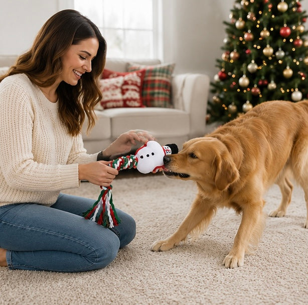 Christmas Dog Rope Toy – Snowman and Tree Squeaky Cotton Chew Toy for Puppies Dental Cleaning and Holiday Fun