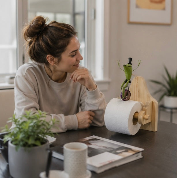 Frog Bicycle Toilet Paper Holder - Creative Wooden Tissue Roll Rack for Bathrooms, Farmhouse Decor and Fun Home Accents