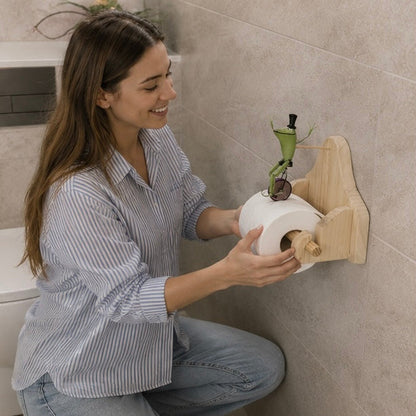 Frog Bicycle Toilet Paper Holder - Creative Wooden Tissue Roll Rack for Bathrooms, Farmhouse Decor and Fun Home Accents