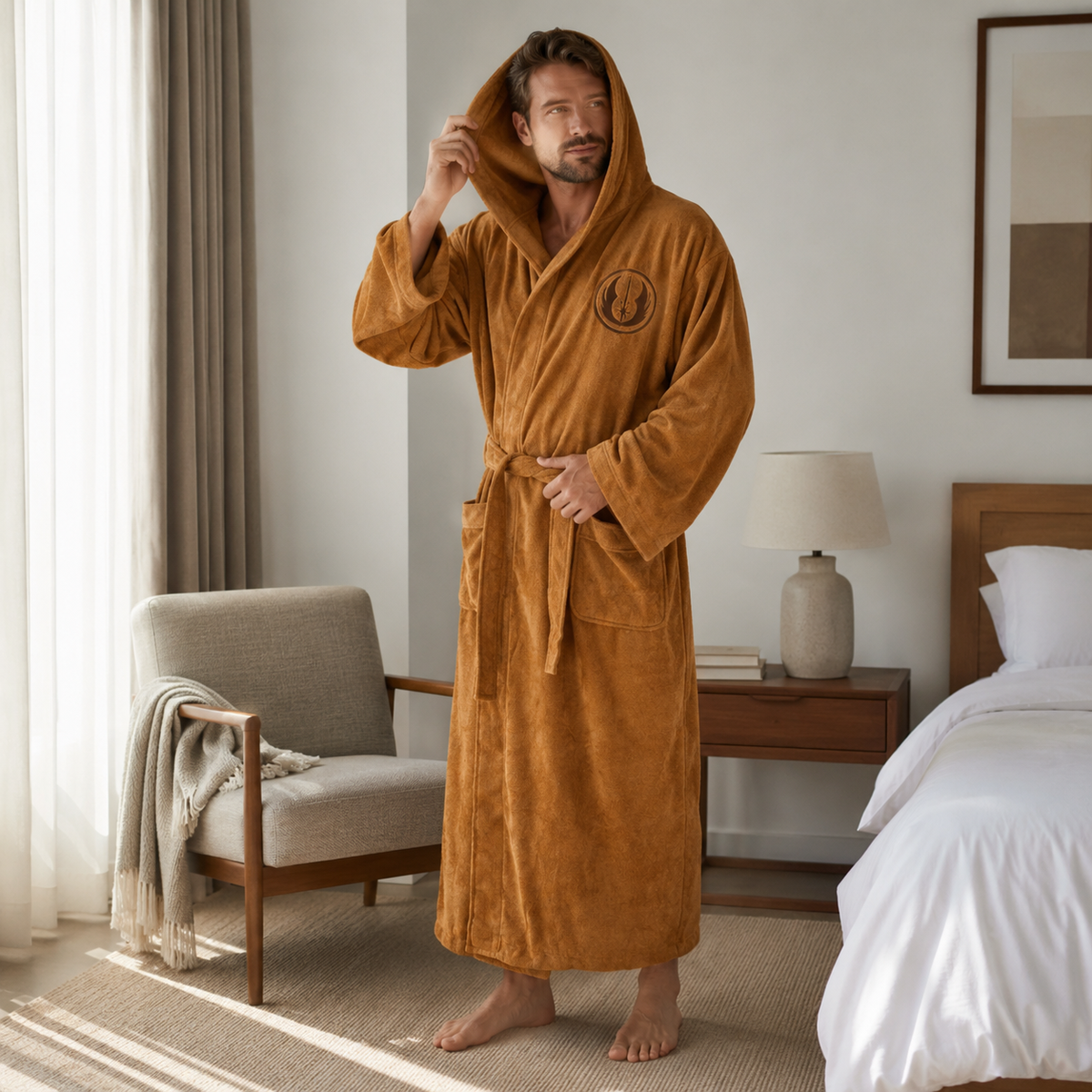 Men's Hooded Flannel Bathrobe - Thick Winter Dressing Gown for Home Comfort and Relaxing Evenings