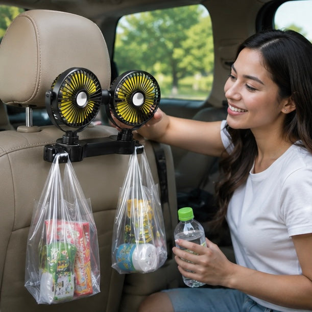Dual Head Car Seat Fan - Adjustable Headrest Cooling Fan with 360 Degree Rotation and Quiet Airflow
