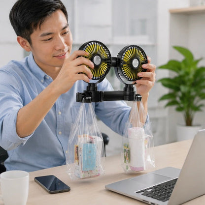 Dual Head Car Seat Fan - Adjustable Headrest Cooling Fan with 360 Degree Rotation and Quiet Airflow