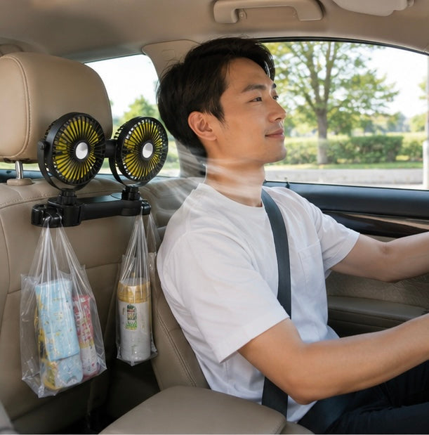 Dual Head Car Seat Fan - Adjustable Headrest Cooling Fan with 360 Degree Rotation and Quiet Airflow