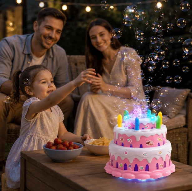 Kawaii Birthday Cake Bubble Machine - Electric Bubble Maker with Music and Lights for Kids Parties and Outdoor Play