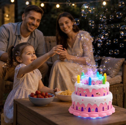 Kawaii Birthday Cake Bubble Machine - Electric Bubble Maker with Music and Lights for Kids Parties and Outdoor Play