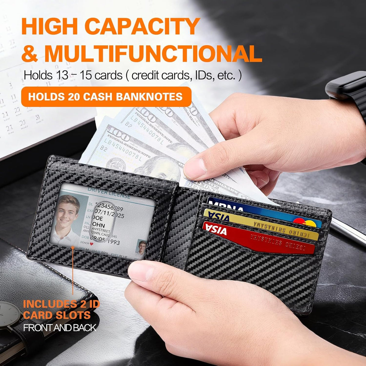 Slim AirTag Wallet for Men RFID Blocking Carbon Fiber Bifold