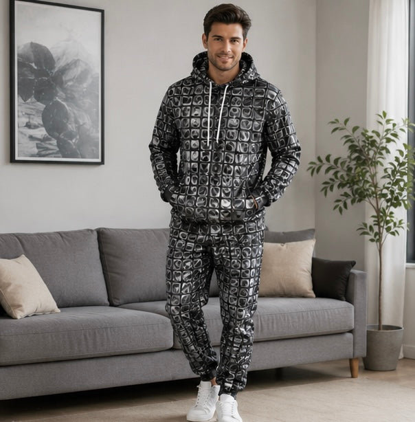 Men's Hoodie Tracksuit Set - Shiny Print Sweatshirt and Jogger Outfit for Sports and Casual Fashion
