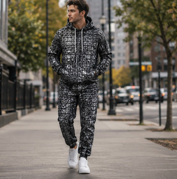 Men's Hoodie Tracksuit Set - Shiny Print Sweatshirt and Jogger Outfit for Sports and Casual Fashion