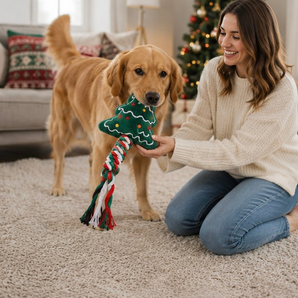 Christmas Dog Rope Toy – Snowman and Tree Squeaky Cotton Chew Toy for Puppies Dental Cleaning and Holiday Fun