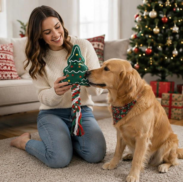 Christmas Dog Rope Toy – Snowman and Tree Squeaky Cotton Chew Toy for Puppies Dental Cleaning and Holiday Fun