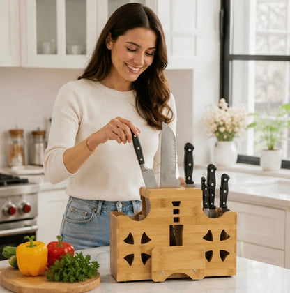 Solid Wood Kitchen Knife Holder Rack – Multifunctional Countertop Storage Organizer for Knives, Chopsticks, Utensils and Modern Kitchen Organization