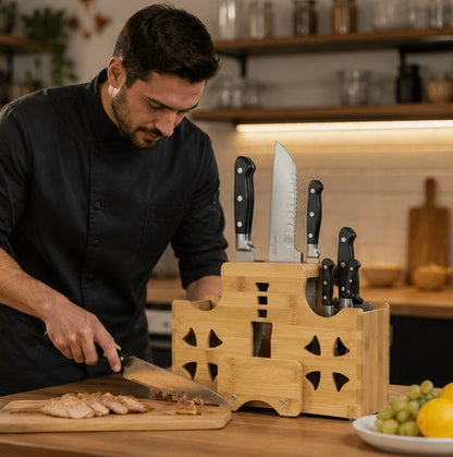 Solid Wood Kitchen Knife Holder Rack – Multifunctional Countertop Storage Organizer for Knives, Chopsticks, Utensils and Modern Kitchen Organization