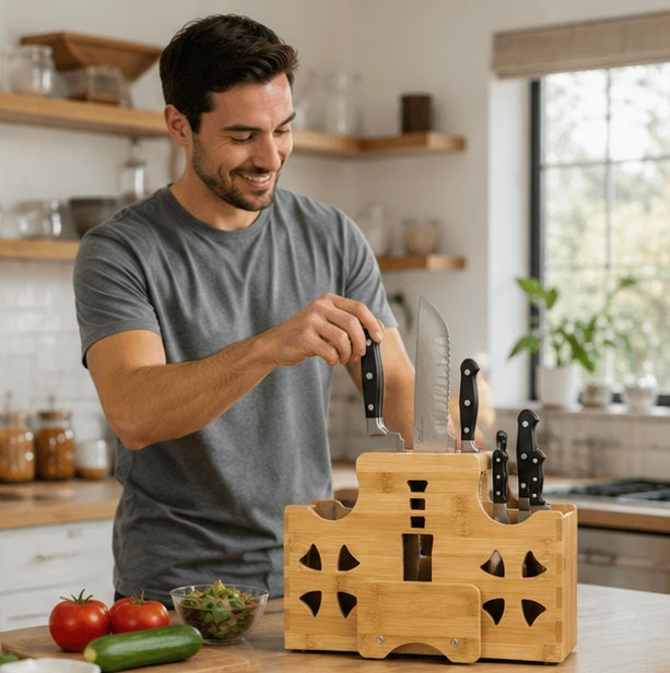 Solid Wood Kitchen Knife Holder Rack – Multifunctional Countertop Storage Organizer for Knives, Chopsticks, Utensils and Modern Kitchen Organization