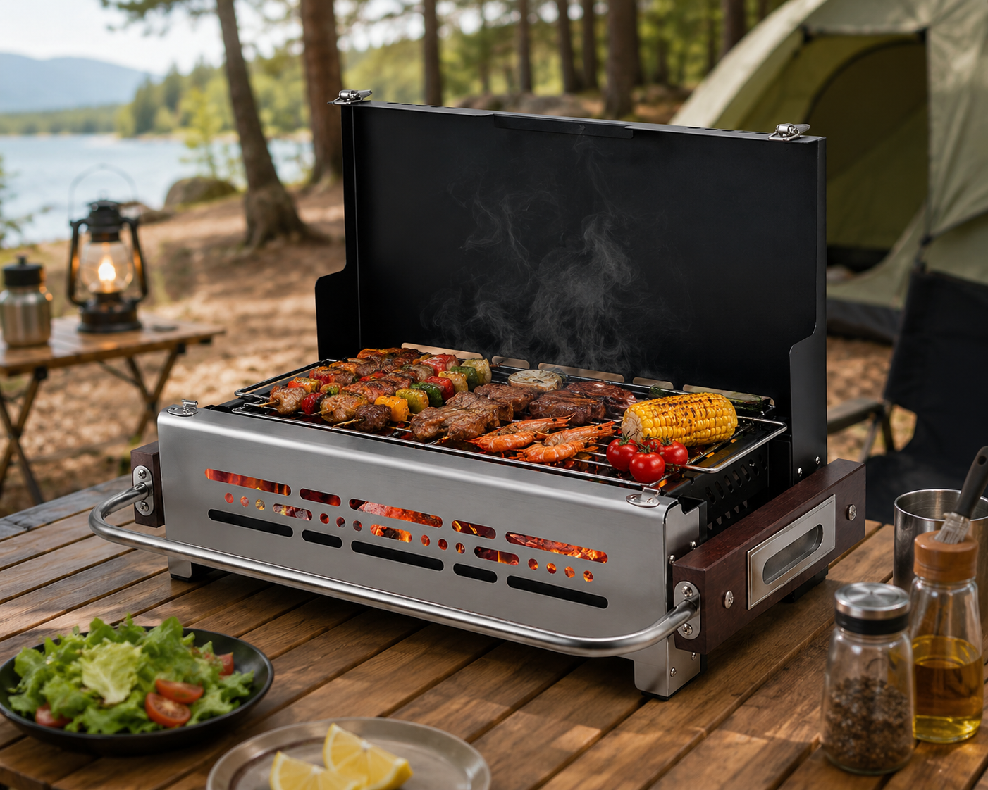 Portable Foldable Charcoal Camping Grill – Tabletop BBQ with Ventilation System for Picnics, Backyard Barbecues and Outdoor Cooking