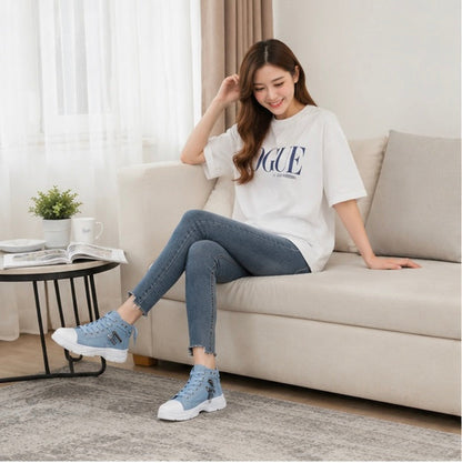 Women's High Top Denim Sneakers - Platform Casual Shoes with Breathable Design and Height Boosting Comfort