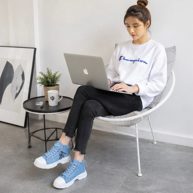 Women's High Top Denim Sneakers - Platform Casual Shoes with Breathable Design and Height Boosting Comfort