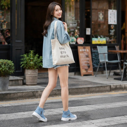 Women's High Top Denim Sneakers - Platform Casual Shoes with Breathable Design and Height Boosting Comfort