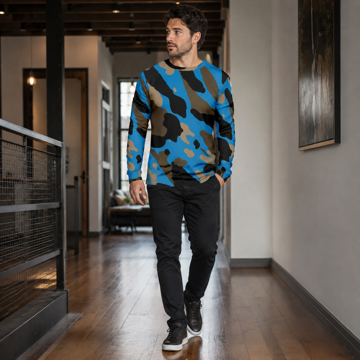 Men's Patchwork Denim Shirt - Vintage Inspired Long Sleeve Button Top with Stylish Grid Print Design