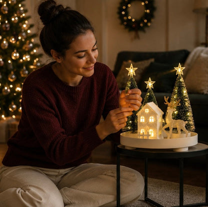 Light Up Christmas Snow House – Glowing Elk Village Ornament for Holiday Displays and Seasonal Decoration