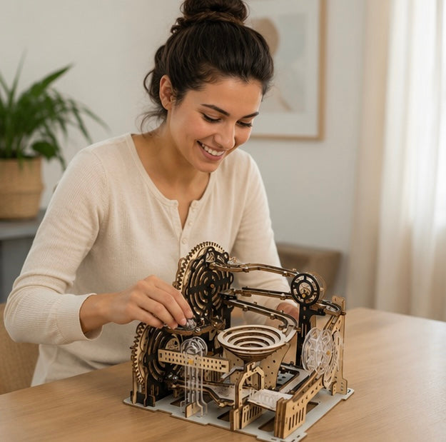 Electric 3D Wooden Marble Run Puzzle - DIY Mechanical Model Kit Brain Teaser for Adults, Kids and Creative Gift Giving